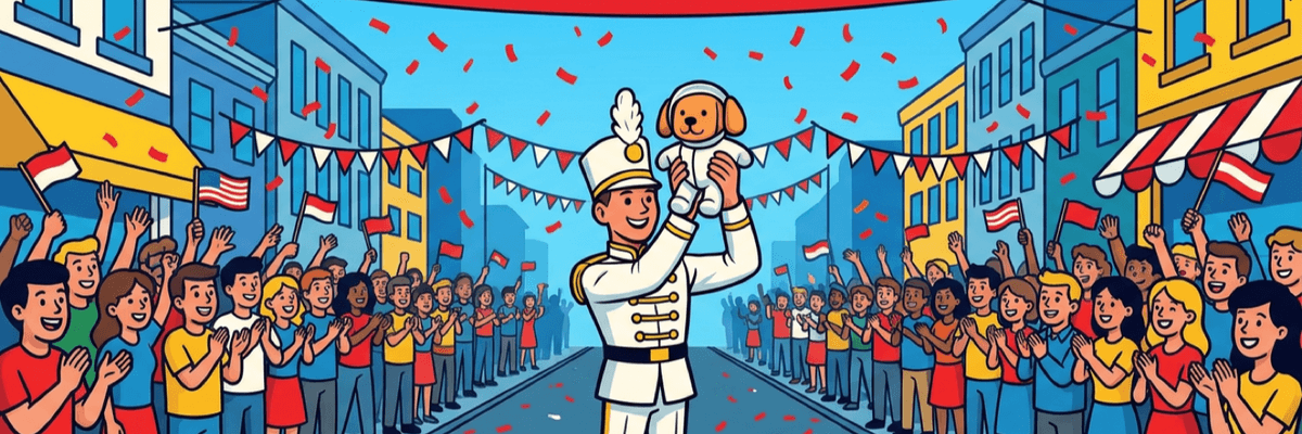 the honor guard raises the plush astronaut dog over his head as the parade cheers